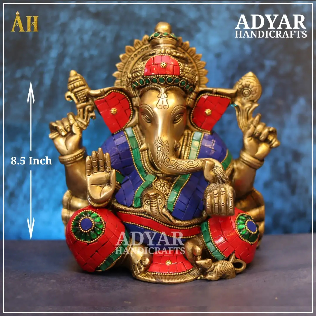 8.5-Inch Sitting Ganesha Idol in Brass with Multi-Color Stone Work - image 1