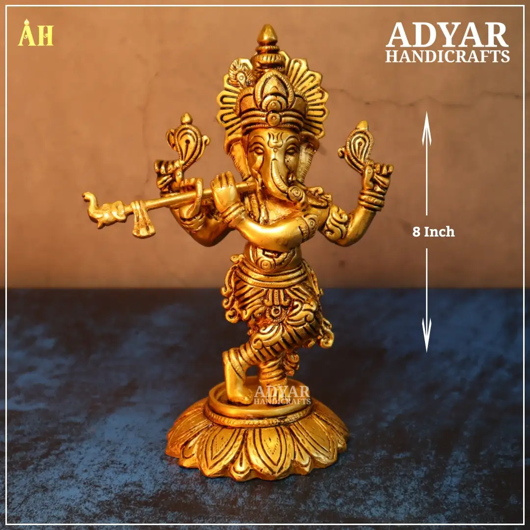 8 Inch Superfine Brass Flute Ganesha Statue - image 1